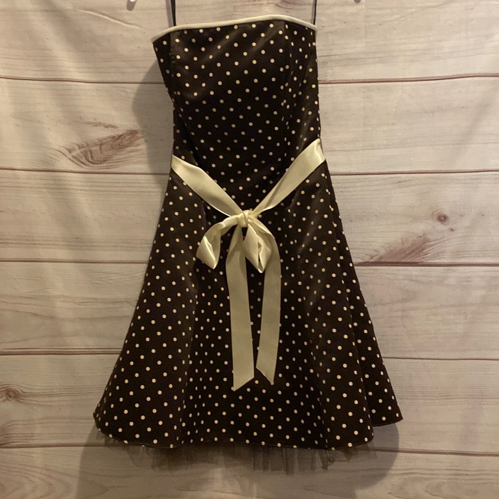 Jessica McClintock brown polka dot dress with tulle underneath